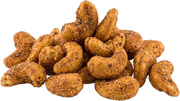 A pile of cashews in a dark, speckled chipotle crust