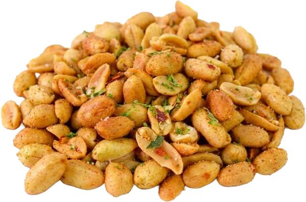A mound of peanuts flecked with red chili and green herbs